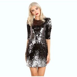 BB Dakota Women L Elise Sequin Dress Black Silver New Years Party Cocktail NWT